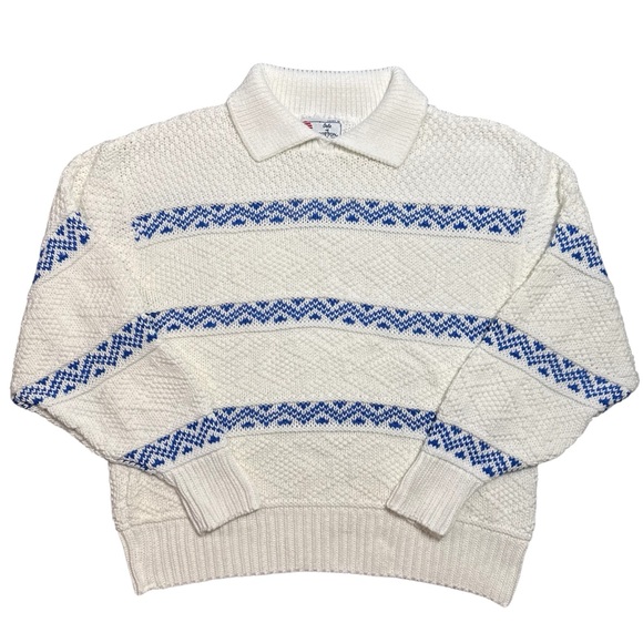Vintage Isle of Cotton Knit Striped Collared Long Sleeve Sweater, Medium - Picture 1 of 6